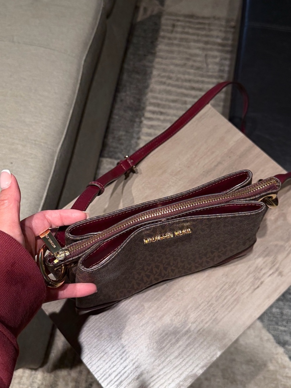 Michael Kors Brown Monogram Jet Set Logo Crossbody with Burgundy Accents - Picture 15 of 16